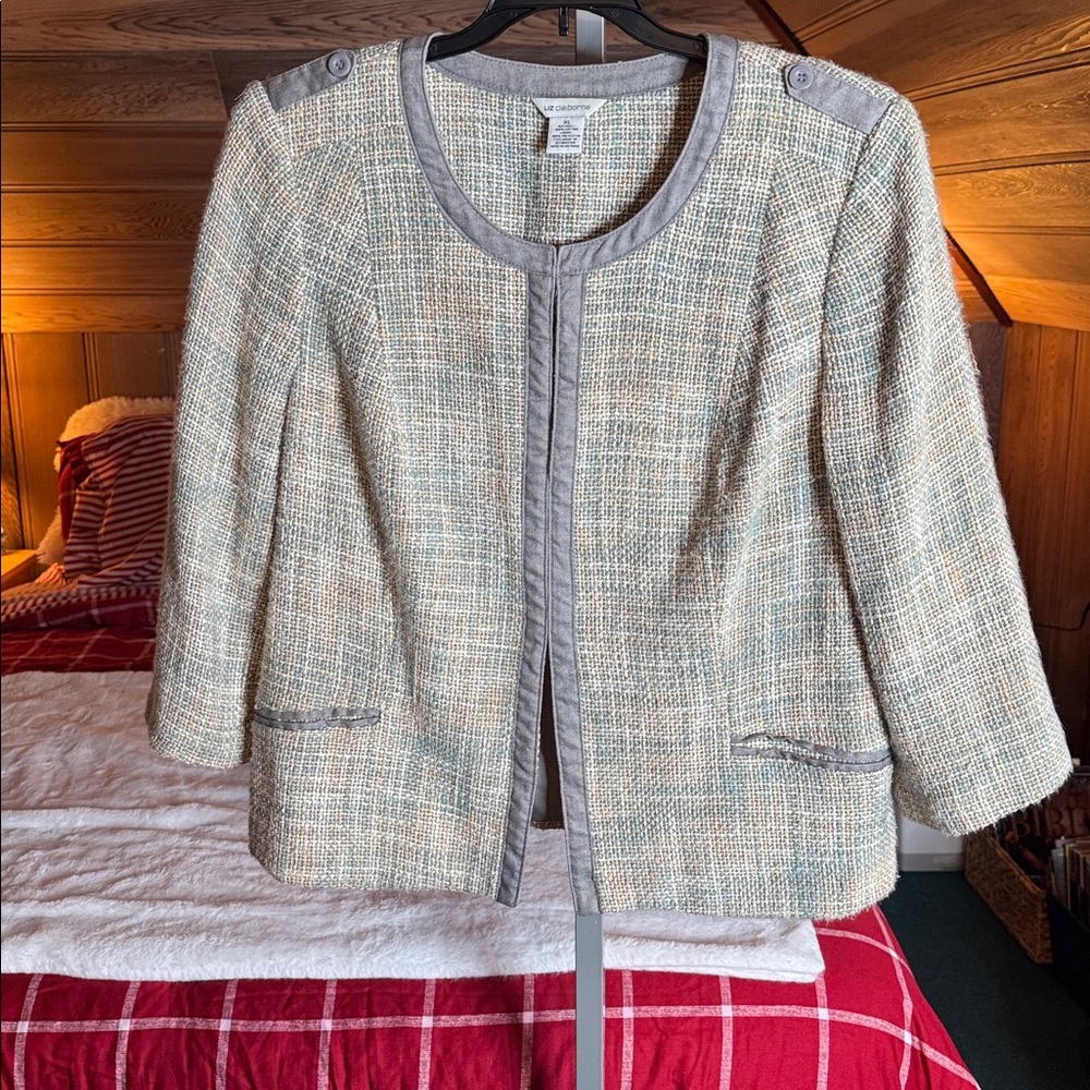 Liz Claiborne Tweed Jacket Vintage Blazer Neutral Open Front Textured Career - Picture 2 of 7